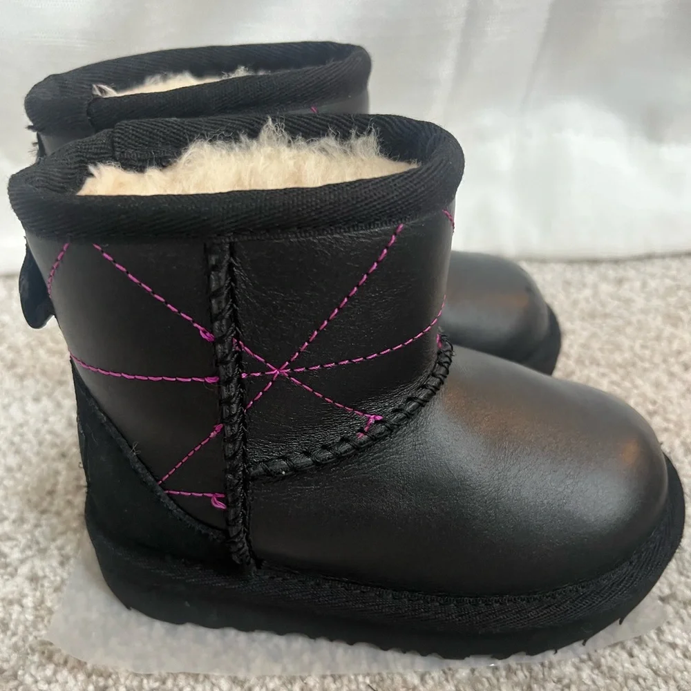 UGG Classic Mini Black Leather Boots with Pink Accents
